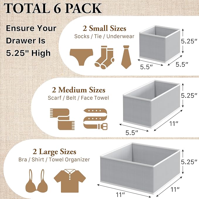 Simple Houseware Underwear Drawer Organizer, Set of 6, Gray | for Lingerie/Undergarment/Bra/Panty/Sock/Onesie
