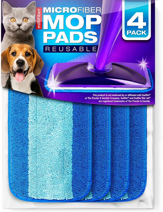 Millifiber Reusable Mop Pads for Swiffer WetJet Mops (4 Pack), Blue | Washable wet mopping cloths, microfiber replacement refills, hardwood floor cleaning pads