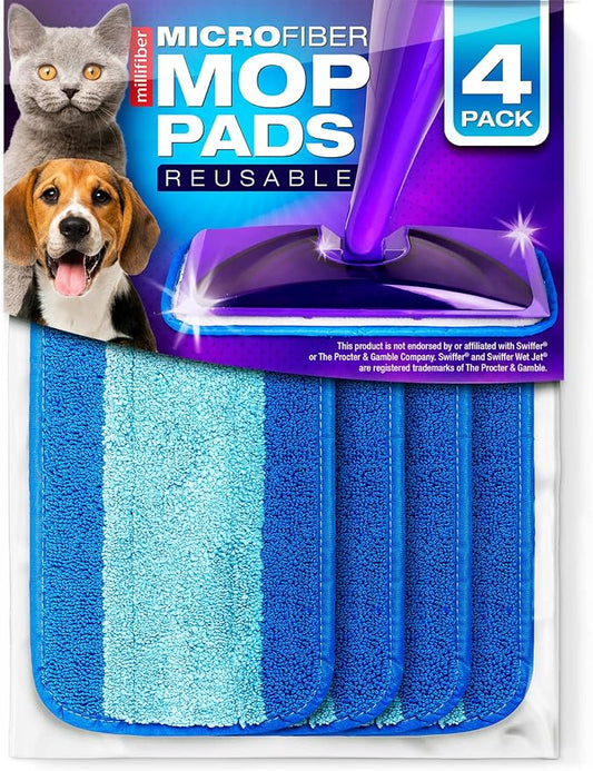 Millifiber Reusable Mop Pads for Swiffer WetJet Mops (4 Pack), Blue | Washable wet mopping cloths, microfiber replacement refills, hardwood floor cleaning pads