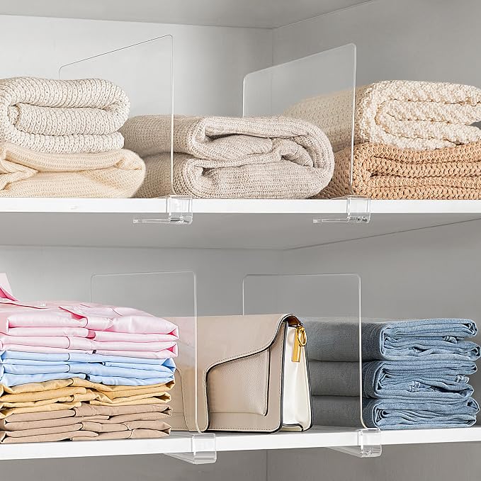 HBlife 8 Pack Clear Shelf Dividers, Vertical Purse Organizer for Closet Perfect for Sweater, Shirts, Handbags in Bedroom and Kitchen, Adjustable Acrylic Bookshelf for Organization