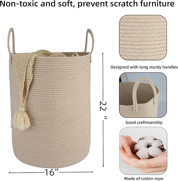 Woven Cotton Rope Laundry Basket Hamper, 16" x 22" Large Oatmeal | Rope storage basket for dirty clothes, toys and blankets. Perfect for bathroom, baby nursery and living room storage.