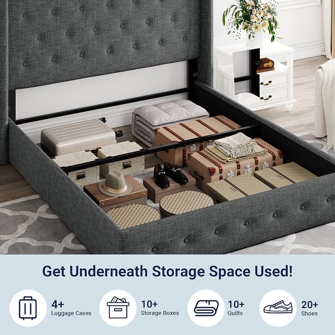 Allewie Full Size Lift Up Storage Button-Tufted Bed Frame Dark Grey | Modern Wingback Headboard, Hydraulic Support Storage, No Box Spring Needed