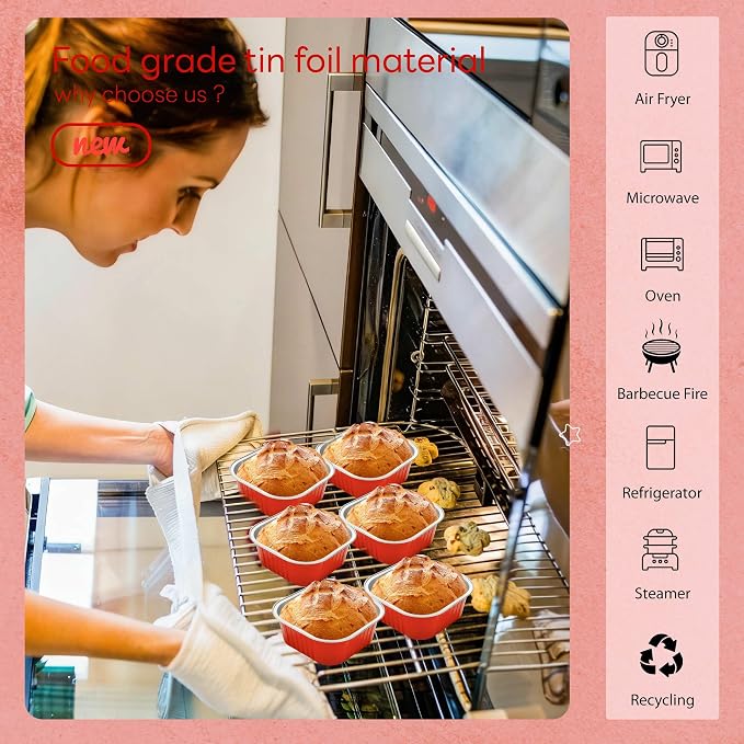 NPLUX 50 Pcs Mini Square Baking Cups with Lids and Spoons Aluminum Foil Mini Cake Pans with Lids Disposable Ramekins Cake Pans Dessert Cups for Wedding, Graduation Gifts Party Favors(Red,10oz)