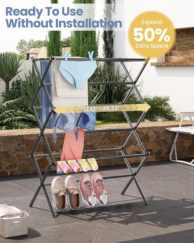 APEXCHASER Oversize 3-Tier Clothes Drying Rack, No Install, Black | Expandable Design, Non-slip feet, Tool-free Setup, Rust Prevention, Sturdy Construction, 14.9" D x 29.3" W, Holds 24lbs