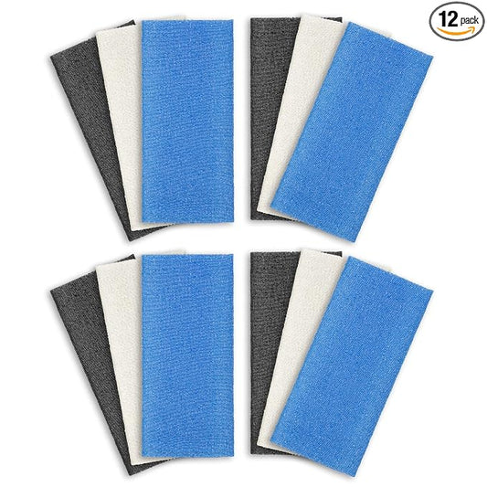 ARCH&M Exfoliating Washcloth 12 Pack, Black Off-White Navy-Blue | Back Scrubber for Shower, Japanese Exfoliating Shower Towel, Korean Beauty Wash Cloth, Daily Use