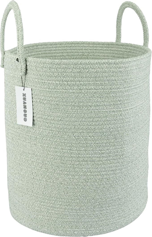 XUANGUO Cotton Rope Laundry Basket Hamper for Clothes, green | Woven Storage Basket for Living Room Bedroom Boho Tall Rope Baskets for Blanket Toys Pillow Towels Baby Nursery Hamper Bin