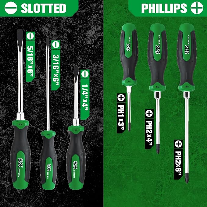 SK 6-Piece Magnetic Screwdriver Set, 3 Slotted & 3 Phillips Screwdrivers | S2 Steel, Heat-Treated Chrome Plating Shaft, Black Oxide Tip, SureGrip Handle
