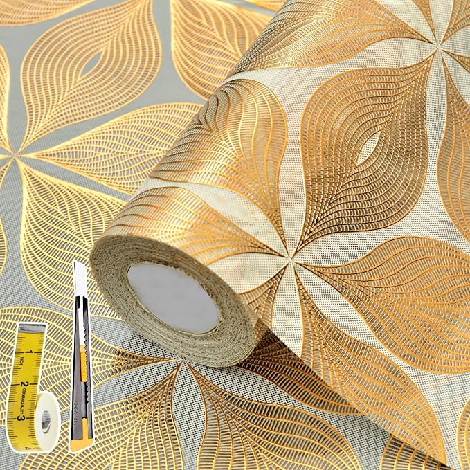 3D Drawer and Shelf Liner for Kitchen Cabinet: 17 in X 30 Ft Waterproof | Shelf Paper Non Adhesive Refrigerator Liners Golden Leaf Easy Liners for Bathroom with Knife Tape Measure