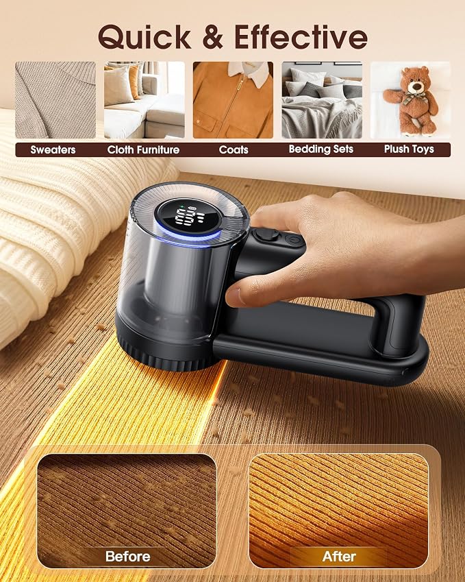 Fabric Shaver Electric Lint Remover Rechargeable Lint Shaver Digital Display Fabric Sweater Shaver 3 Speeds 6 Leaf Blades for Clothing to Remove Pilling for Clothes, Furniture, Sweater, Couch, Blanket