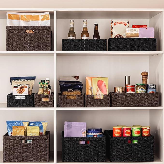 UBBCARE 2 Pack Wicker Basket, 13.4L×8.3H×7.1W inch Woven Paper Rope Storage Baskets for shelves, Foldable Rectangular Storage Baskets with Handle, Storage Basket for Organizing, （Black,2pack Medium）
