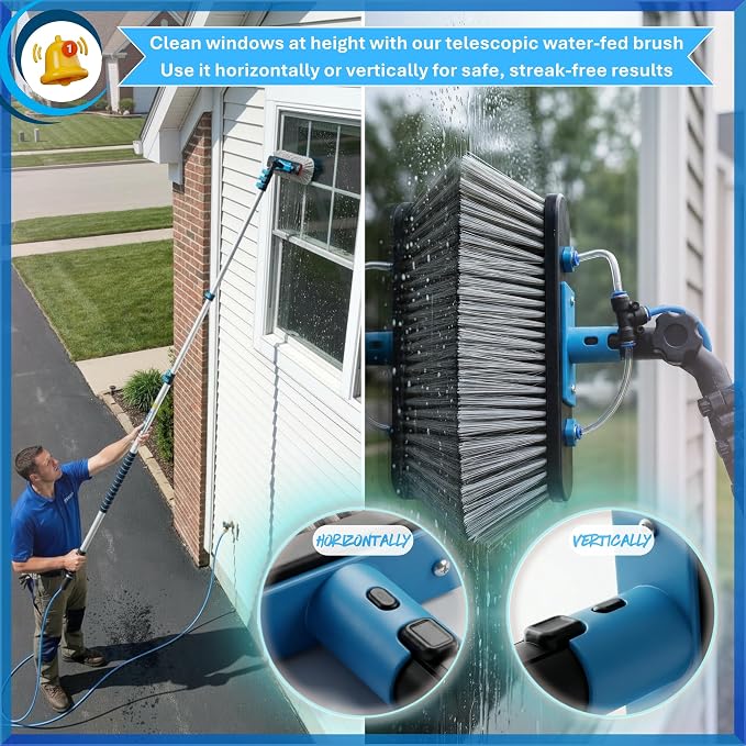 IGAD Solar Panel and Window Cleaning Kit with 18ft Extendable Pole, 2 Water Fed Brushes, 33ft Hose, Blue, 16 Inches, Nylon, Aluminum