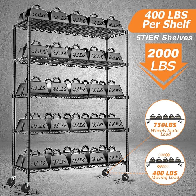 ROOMTEC 5-Tier Wire Shelving with Wheels,45"W*20"D*72"H,Max Load 2000 lbs | Rolling Garage Shelves,Heavy Duty Storage Shelf,Adjustable Metal Shelf Rack for Kitchen,Laundry,Pantry,Warehouse,Basement