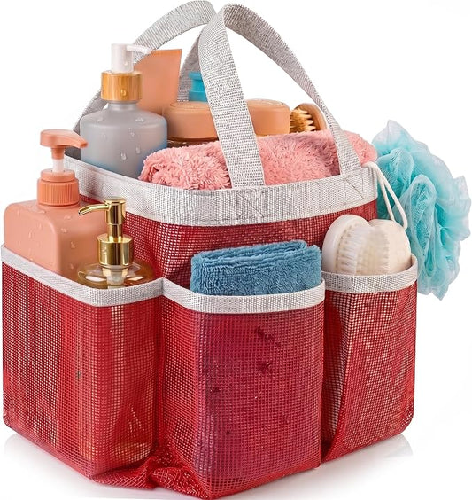 Handy Laundry Mesh Shower Caddy – 7 Pocket Portable Organizer Tote for Dorm, Gym, Travel & Bathroom – Quick Dry Collapsible Bag for College Essentials, Toiletries & Cleaning Supplies (Pink)