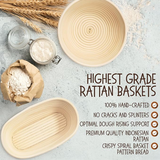 Superbaking Sourdough Proofing Basket Gift Set, Round 9" & Oval 10" Banneton, Sourdough Starter Kit, Sourdough Banneton Basket, Banneton Bread Proofing Basket Set of 2, Sourdough Bread Baking Supplies