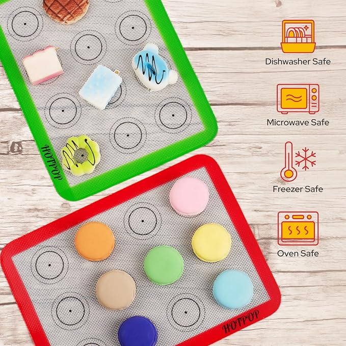 HOTPOP Silicone Baking Mats 0.75mm - Non-Stick Silicone Sheets for Bake Pans and Rolling with Outlines for Pastries - Silicone Baking Sheet - Macaron/Pastry/Cookie/Bun/Bread Making (3 QUARTER SIZE)
