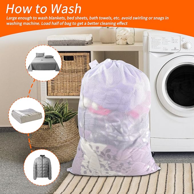 Heavy Duty Diamond Mesh Laundry Bag, 24x36", White | Drawstring & ID Tag, Machine Washable, Commercial Grade, , For College Dorms, Travel, Sports Equipment