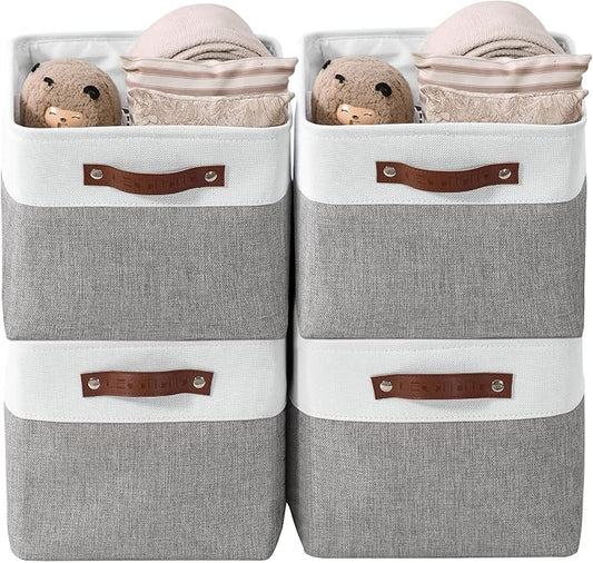 DECOMOMO Storage Baskets for Shelves - Fabric Storage Bins, Linen Closet Organizers and Storage (Grey & White, Large - 4 Pack)