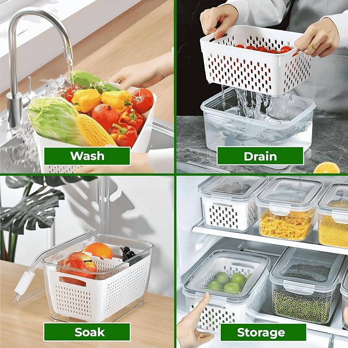 4-Piece Fruit Storage Containers for Fridge, Leakproof and Removable Colander, Dishwasher & Microwave Safe, Extend Freshness of Fruits and Vegetables (White)