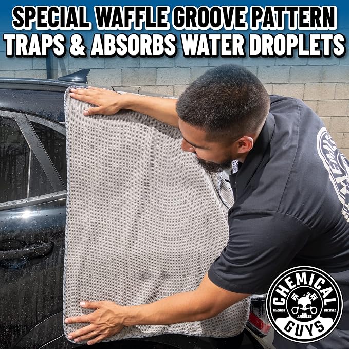 Chemical Guys Waffle Weave Gray Matter Microfiber Drying Towel - 25" x 36", Premium Blend Microfiber Towel with Soft-Banded Edging for Scratch-Free Car Drying, Ultra Absorbent | Waffle-weave towel with soft-banded edges soaks up sheeting water for a fa...