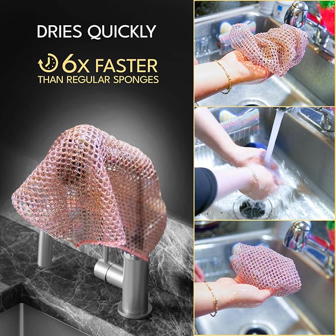 Non-Scratch Dish Scrubbers (3 Pcs) — Outlasts 7+ Sponges, Stays Odor-Free | Replace Smelly Kitchen Sponges | Non-Absorbent Mesh | Safe on Non-Stick, Cast Iron, Glass | Made in Korea Since 2012