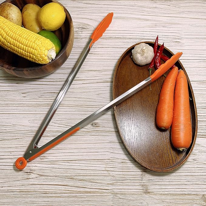18 inch Extra Long Grill Tong (1 pcs orange), with Silicone Tip Head, Stainless Steel Barbecue Tongs with Long Handle, Large Sized Food Tong, Extended Serving Tong