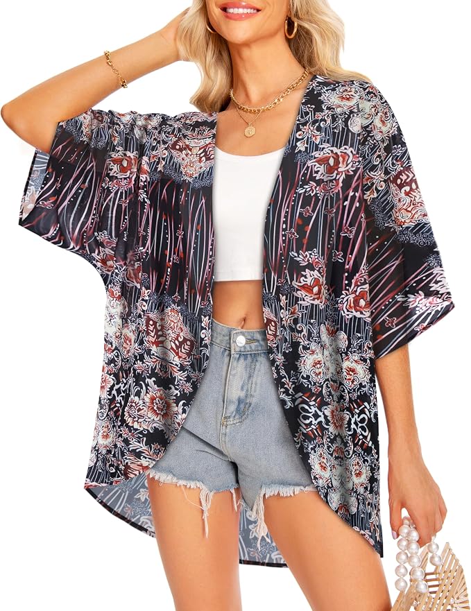 Women Kimono Cardigans Summer Cover Up Hawaiian Shirts Floral Print Tops | ROSEMIA chiffon kimono open front cardigans, beach cover ups, daily casual tops, cruise outfits, summer resort wear
