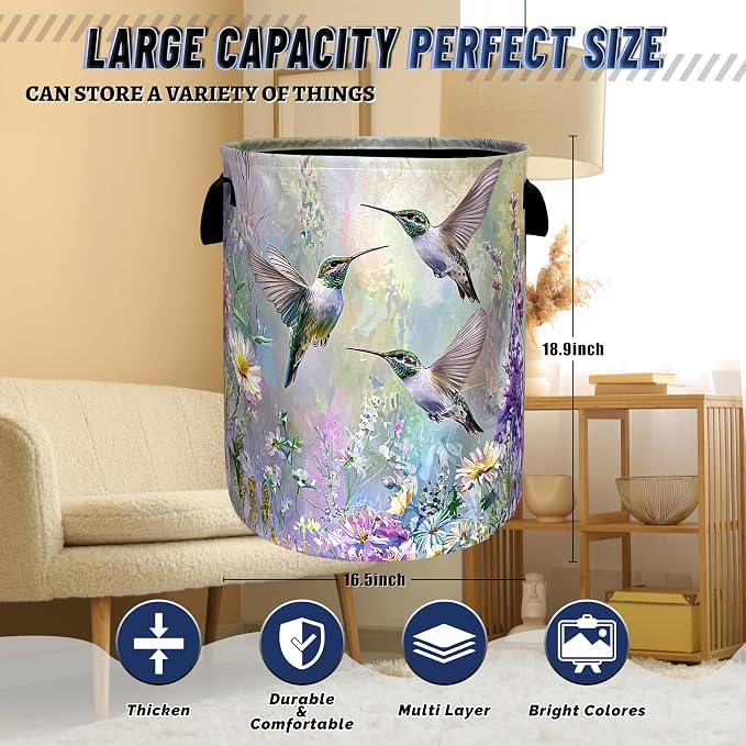 Beautiful Hummingbird Laundry Basket Oxford Cloth Hamper 18.9"x16.5" | Colorful Flower Laundry Hamper With Handle Foldable Portable Clothes Storage Laundry Bag For Laundry Room/Bedroom/Bathrooms