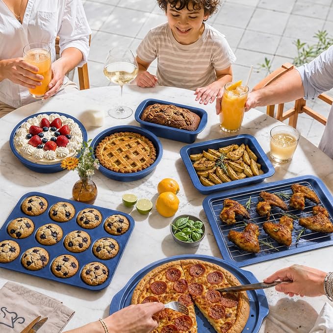 HONGBAKE Bakeware Sets, Baking Pans Set, Nonstick Oven Pan for Kitchen with Wider Grips, 10-Piece Including Rack, Cookie Sheet, Cake Pans, Loaf Pan, Muffin Pan, Pizza Pan - Blue