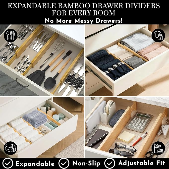 Adjustable Bamboo Drawer Dividers Expandable 8 Pack 17-22 Organizer