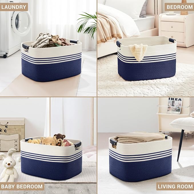 86L Large Woven Laundry Basket Hamper with Leather Handles,Navy | collapsible wicker hamper, storage for dirty clothes, toys, blankets, gifts, living room, bedroom, bathroom, 24"x16"x14"