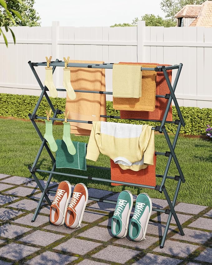 APEXCHASER 3-Tier Foldable Clothes Drying Rack, 37.6" H, Navy Blue | Rust-resistant Metal, Tool-free Assembly, Extendable Drying Hanger, Fold Flat to Easy Storage, 11.8" D x 35" W, Holds 24lbs