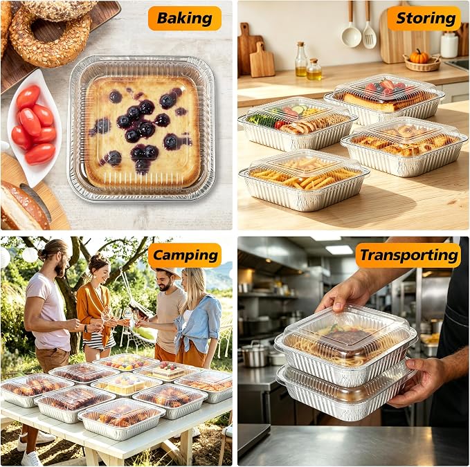 8x8 Aluminum Foil Pans with Clear Lids - 20 Pack Square Disposable Baking Cake Pans Tin Foil To Go Food Containers for Cooking, Heating, Storing, Meal Prepping
