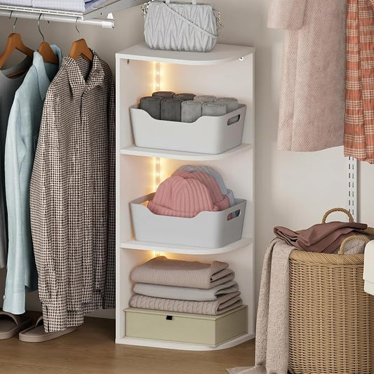 Furinno PASIR Corner Closet Organizer with LED Lights, 3-Tier, White | 9.3 x 12 x 31.5, LED Closet Organizers and Storage, Open Shelves Closet Storage for Wardrobe, Bedroom, Entryway