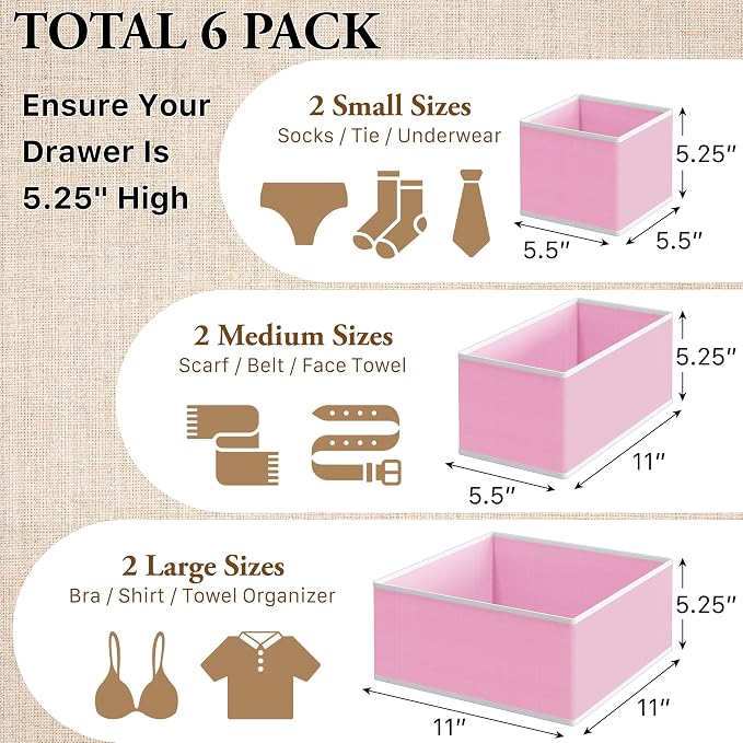 Simple Houseware Underwear Drawer Organizer, Set of 6, Pink | for Lingerie/Undergarment/Bra/Panty/Sock/Onesie