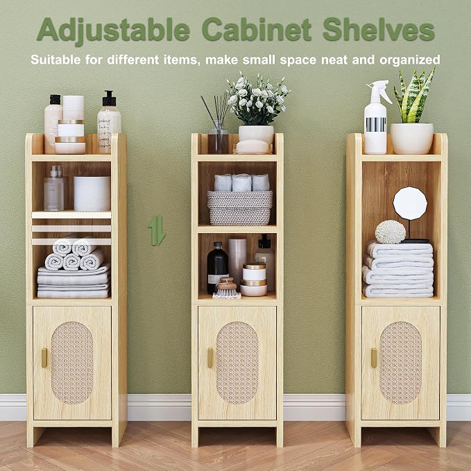 Small Bathroom Storage Cabinet, Narrow and Slim Storage Cabinet with Rattan Door and Adjustable Shelves, Corner Floor Bathroom Organizers and Storage for Small Space, Natural HSC001N