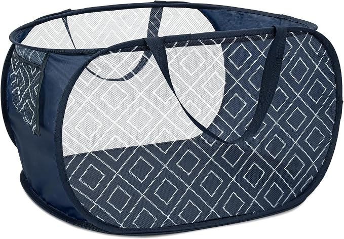 Collapsible Laundry Baskets with Side Pocket, Sturdy Pop Up Foldable Laundry Hamper with Reinforced Handles, Easy to Carry Clothes Hamper for Bathroom, Bedroom, Dorm, Travel -Prism Print, Navy Blue