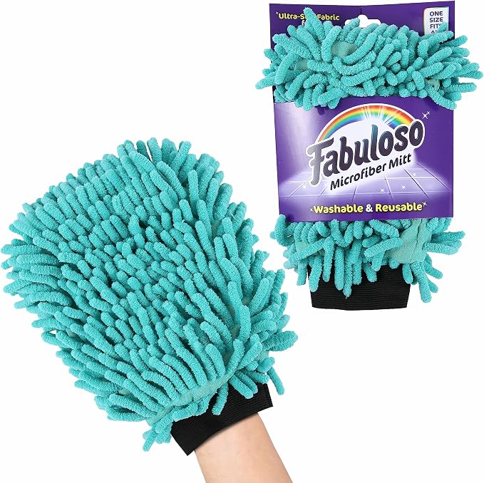 Fabuloso Microfiber Cleaning Mitt Glove, Teal, One Size | Lint-free, scratch-free design, for dusting furniture, blinds, shelves, and car interiors, reusable daily