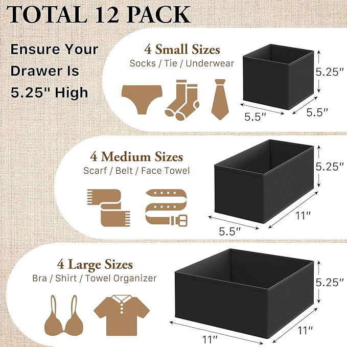 Simple Houseware Foldable Drawer Organizer Stocking Bin, Set of 12, Black | Fabric Storage Bins for Clothes, Underwear, Bra, Panty, Socks, Onesies – Closet & Dresser Dividers for Home