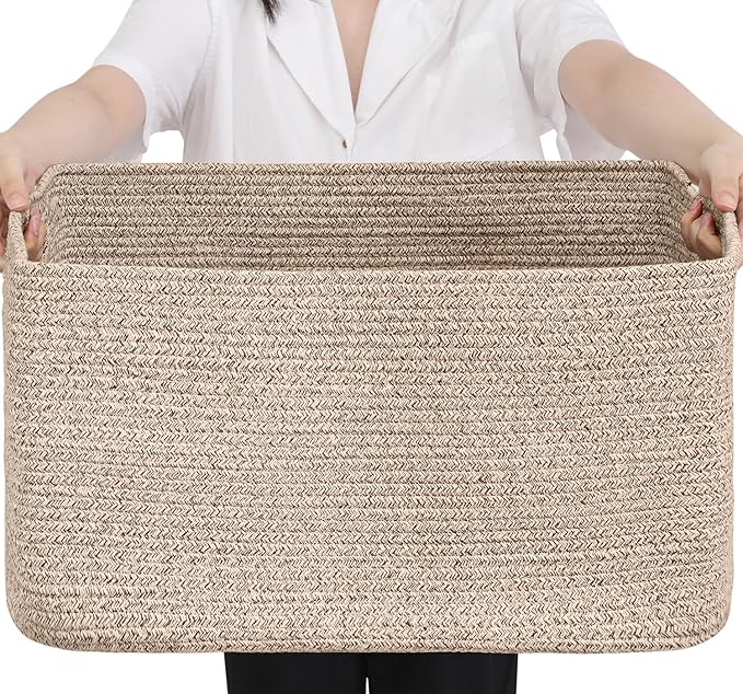 Optish 75L Large Blanket Basket, Woven Storage Baskets with Reinforced Handles, Rope Laundry Basket for Living Room, Bedroom, Nursery, Toys, Clothes,Pillows, 22” x 17” x 11.5”, Brown