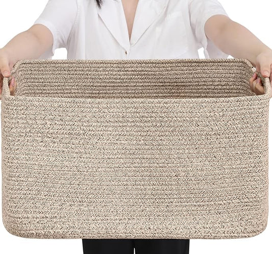 Optish 75L Large Blanket Basket, Woven Storage Baskets with Reinforced Handles, Rope Laundry Basket for Living Room, Bedroom, Nursery, Toys, Clothes,Pillows, 22” x 17” x 11.5”, Brown