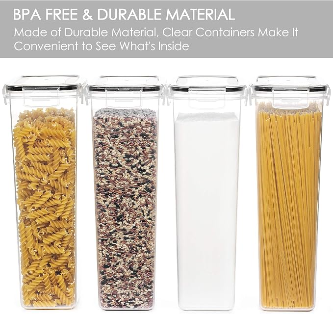 Vtopmart Airtight Food Storage Containers with Lids, 4 PCS 2.8L Pasta Containers for Pantry Organization and Storage, BPA Free Kitchen Canisters for Spaghetti, Flour, Sugar and Noodles, Black