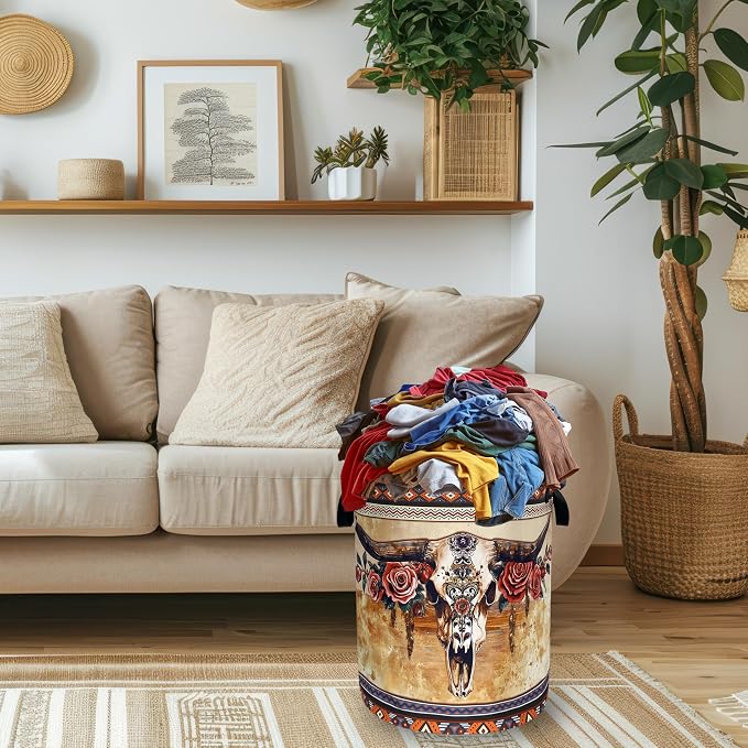 Boho Longhorn Cattle Skull Laundry Basket Oxford Cloth Tribal Laundry Hamper With Handle Foldable Portable Clothes Storage Basket Funny Laundry Bag 18.9"x16.5" For Laundry Room/Bedroom/Bathrooms