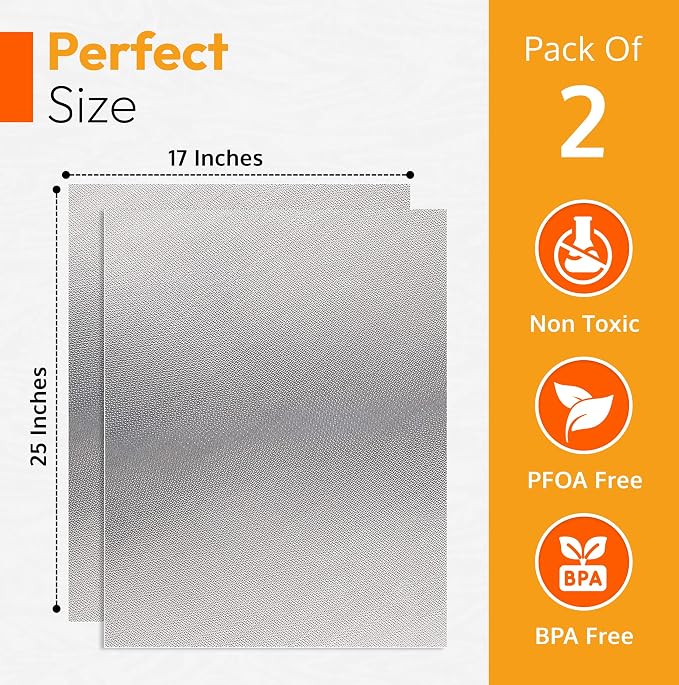 Silver 2 Pack Large Thick Heavy Duty Non Stick Teflon Oven Liners Mat, 17"x 25" BPA and PFOA Free, for Bottom of Electric Oven Gas Stove Microwave Charcoal or Gas Grills