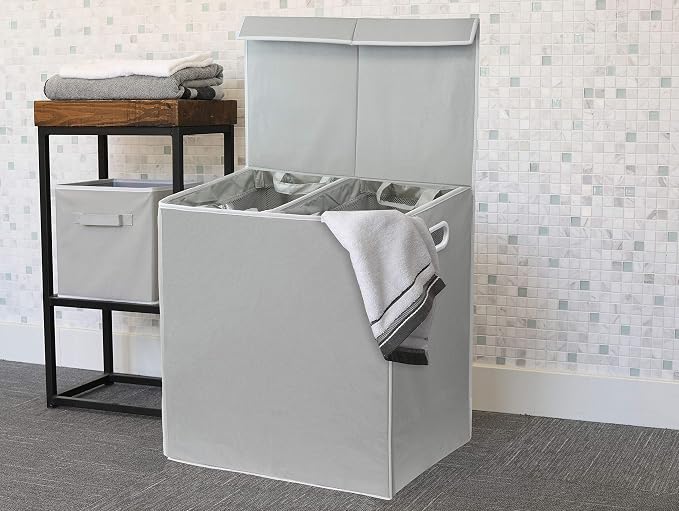 Simple Houseware Double Laundry Hamper with Lid & Removable Bags, Grey