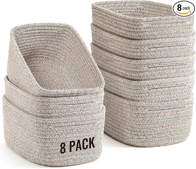 8 Pack Small Storage Baskets for Organizing, Woven Rope Bins for Bathroom, Closet, Shelf Organizer, Cute Cube Decorative Box for Towels, Baby Nursery, Toys, Gift Empty Baskets - 11.5"x7.5"x4.7"-Brown