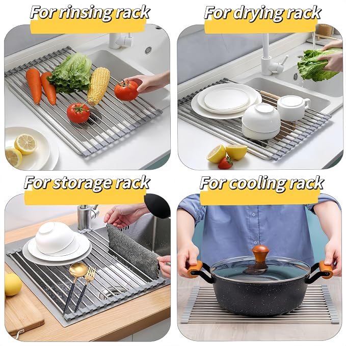 Roll Up Dish Drying Rack 19.7" x 15.8" Over The Sink Dish Drying Rack, Kitchen Dish Rack Stainless Steel Dish Drying Rack for Kitchen Sink Counter Storage (Grey)
