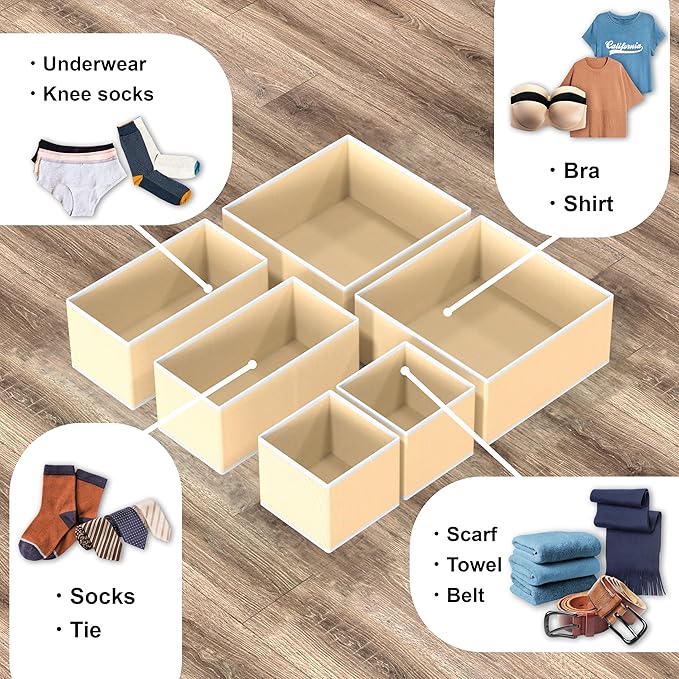 Simple Houseware Foldable Drawer Organizer Stocking Bin, Set of 12, Beige | Fabric Storage Bins for Clothes, Underwear, Bra, Panty, Socks, Onesies – Closet & Dresser Dividers for Home