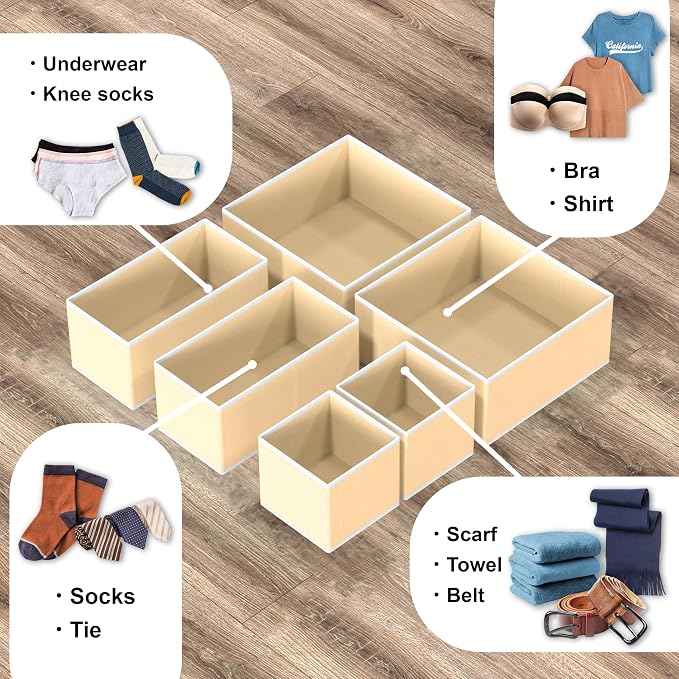 Simple Houseware Underwear Drawer Organizer, Set of 6, Beige | for Lingerie/Undergarment/Bra/Panty/Sock/Onesie