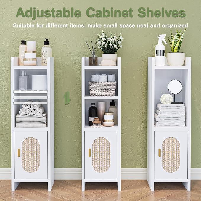 Small Bathroom Storage Cabinet, Narrow and Slim Storage Cabinet with Rattan Door and Adjustable Shelves, Corner Floor Bathroom Organizers and Storage for Small Space, White HSC001W