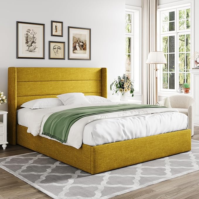 Allewie Full Size Lift Up Hydraulic Storage Bed Frame Olive Yellow | Modern Wingback Headboard, Hydraulic Support Storage, No Box Spring Needed